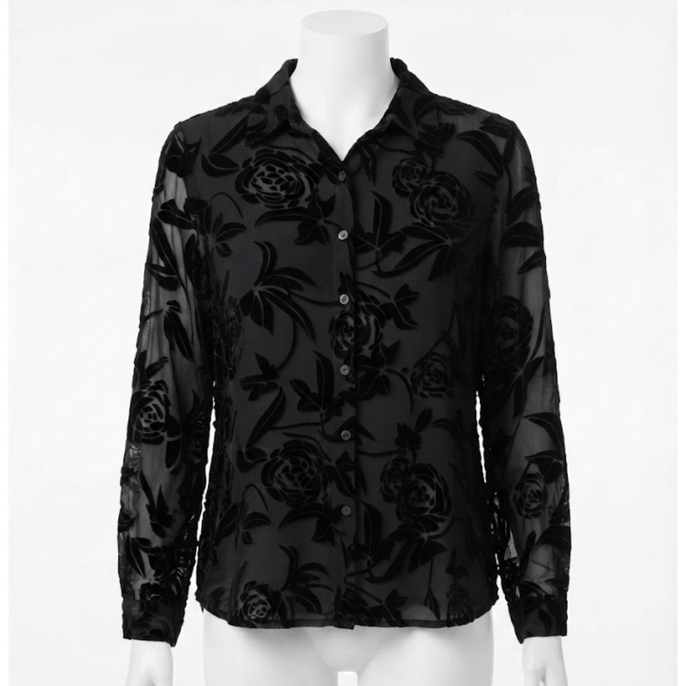 Vtg 90s Alexandra Bartlett Silk Blend Shirt L Floral Velvet Burnout Dark Romance